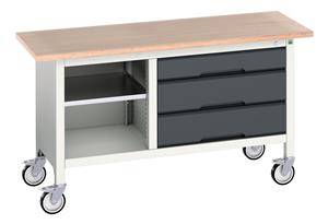 verso mobile storage bench (mpx) with mid shelf / 3 drawer cab. WxDxH: 1500x600x830mm. RAL 7035/5010 or selected Verso Mobile Work Benches for assembly and production